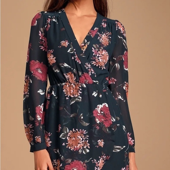 Lulus Pretty Pretender Navy Floral Print Long Sleeve Faux Wrap Dress Size Medium - Picture 17 of 17